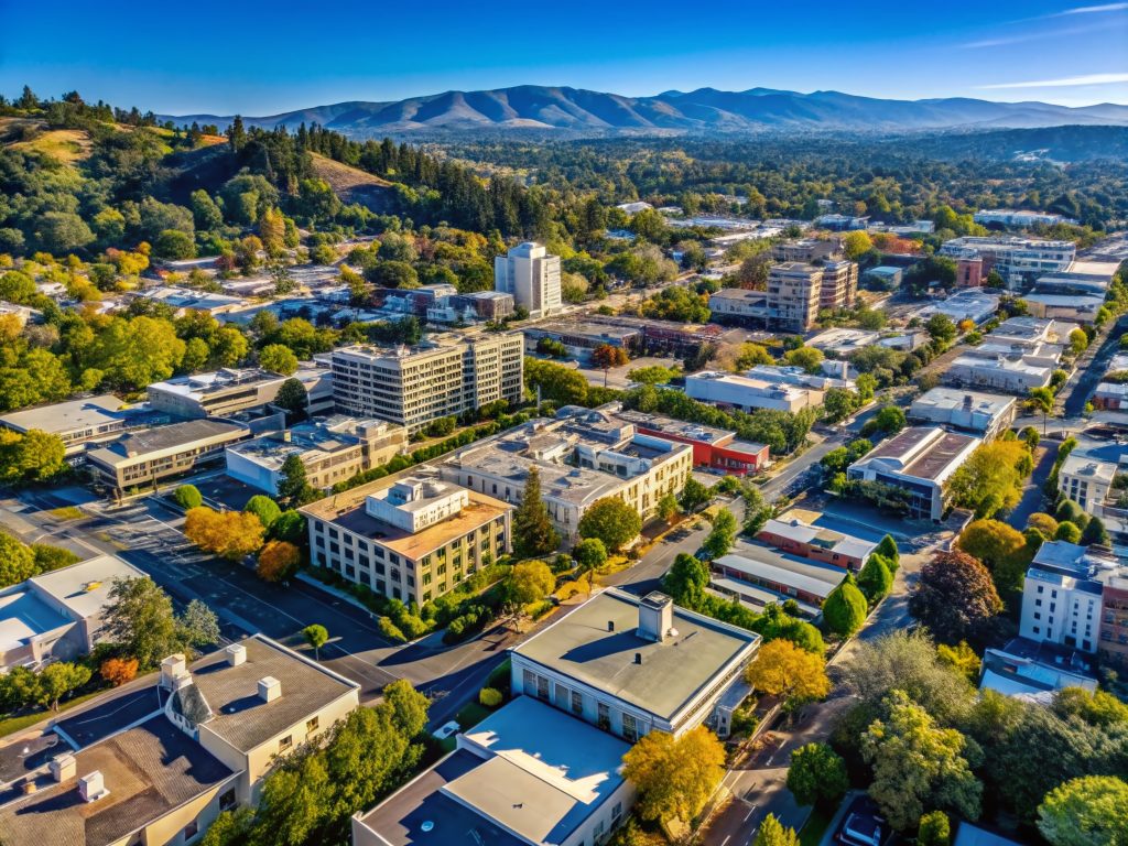 Aerial View Downtown Walnut Creek, California: Businesses, Homes, Blue Sky